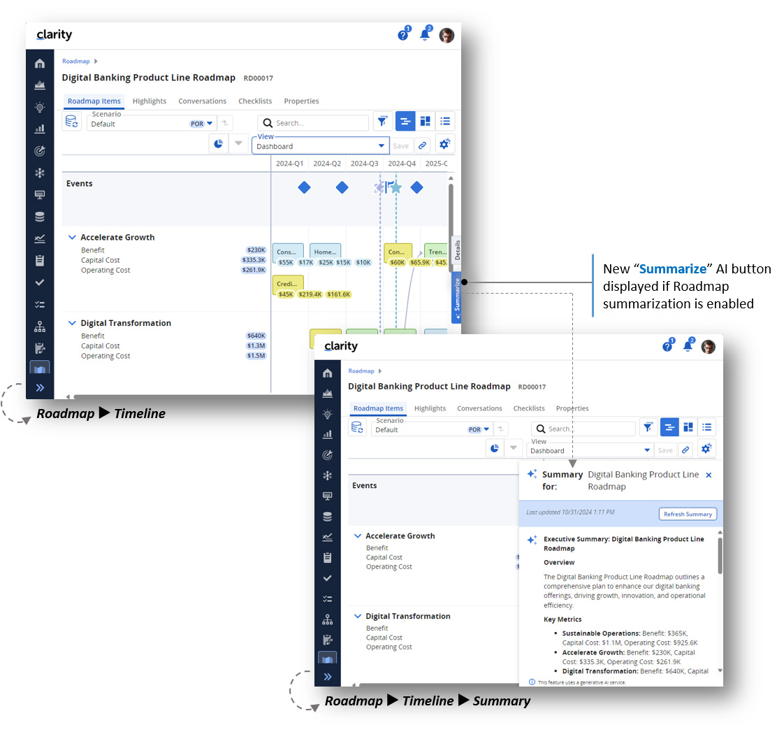 Clarity's AI capability, Vaia, to summarize the content of a selected Roadmap from the Timeline view has been expanded with the new release.