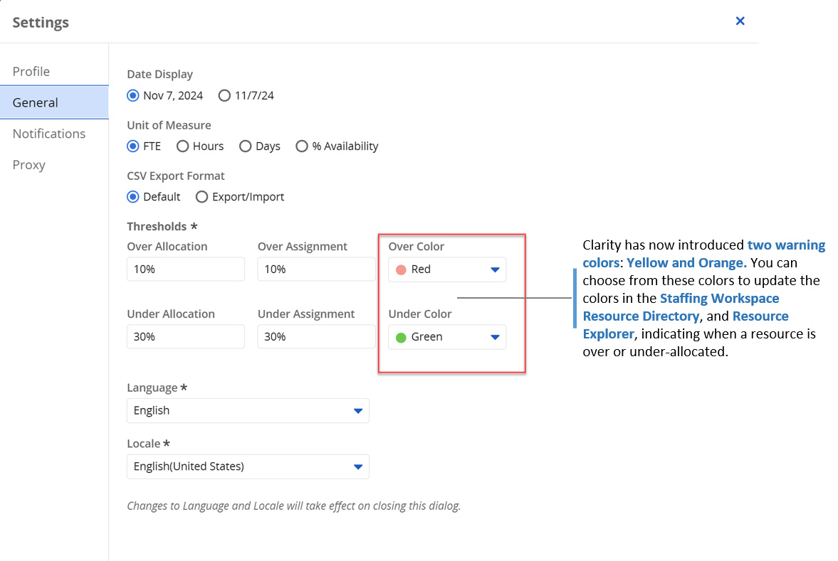 Make use of additional user personalization options, including yellow or orange for over/under allocation thresholds.